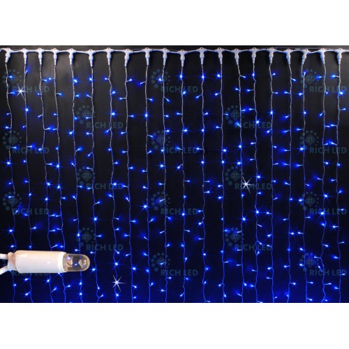 Светодиодный занавес Rich LED мерцающий, IP65, герметичный колпачок, белый провод, 2х3 м, синий.