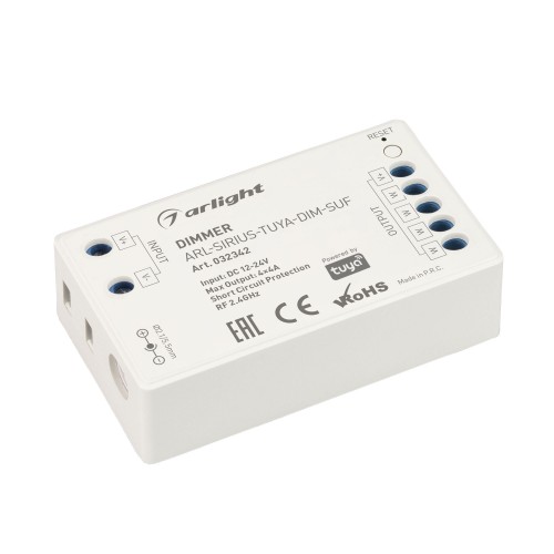 Диммер ARL-SIRIUS-TUYA-DIM-SUF (12-24V, 4x4A, 2.4G) (Arlight, IP20 Пластик, 3 года) 032342