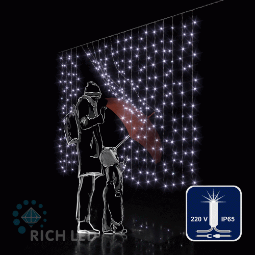 ветодиодный занавес Rich LED 2*1.5 м облег-ый, влаго-ный колпачок, мерц, белый, прозрач.пр ip65