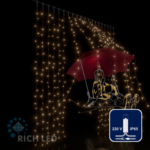 Светодиодный занавес (дождь) Rich LED 2*2 м, влагозащитный колпачок IP65 WW прозрачный провод статик