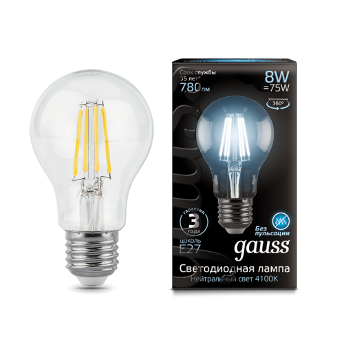 Лампа Gauss LED Filament A60 E27 8W 4100К